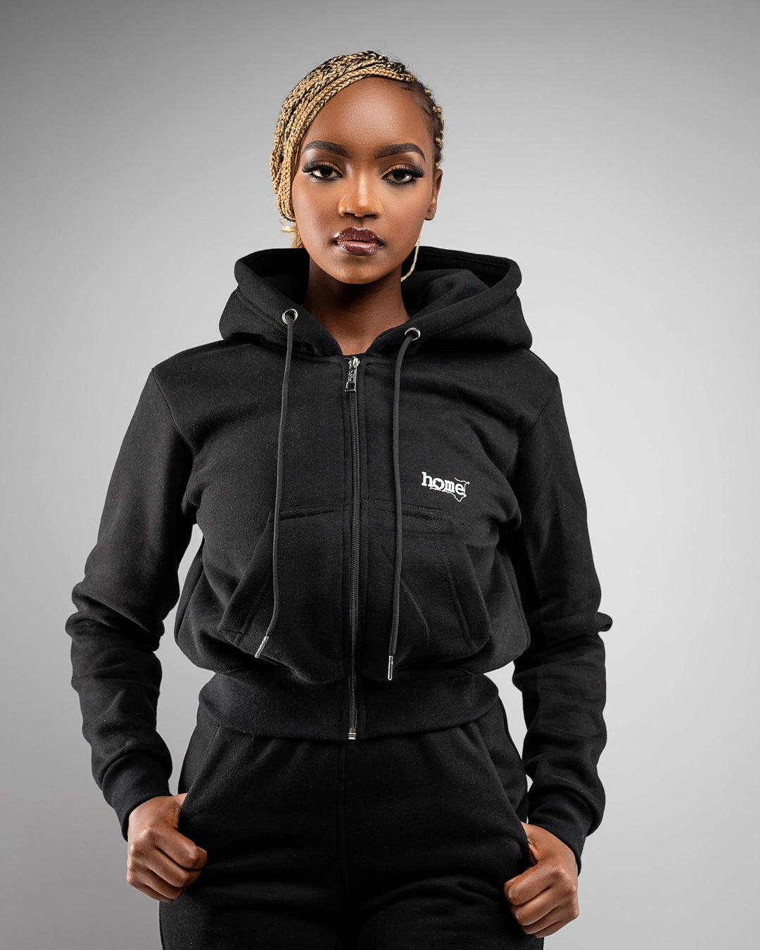 Cropped Zip-Up Hoodie - Black (Mid-Heavy)