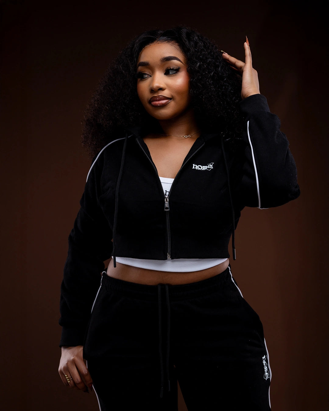 Cherie Cropped Zipped Hoodie + Cherie Pants Matching Set – Black
