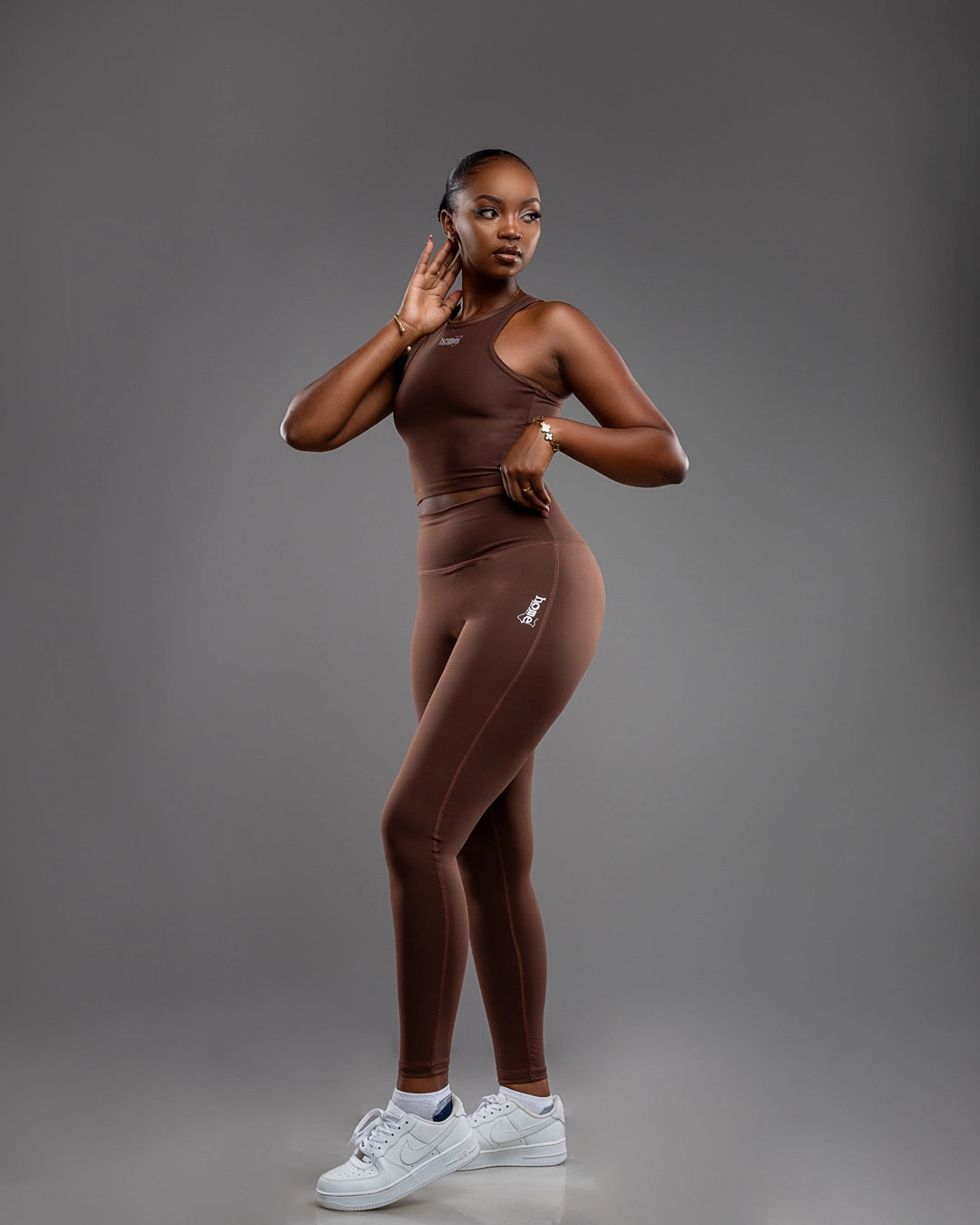 Chocolate Brown Cheeky Racer Top and Cheeky Hi-Rise Leggings Set