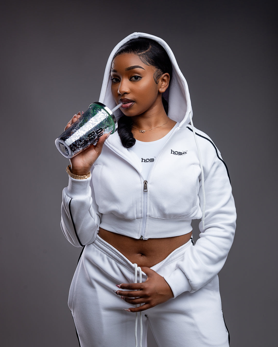 Cherie Crop Zipped Hoodie + Cherie Pants - White (NUVETRA™ Fabric)