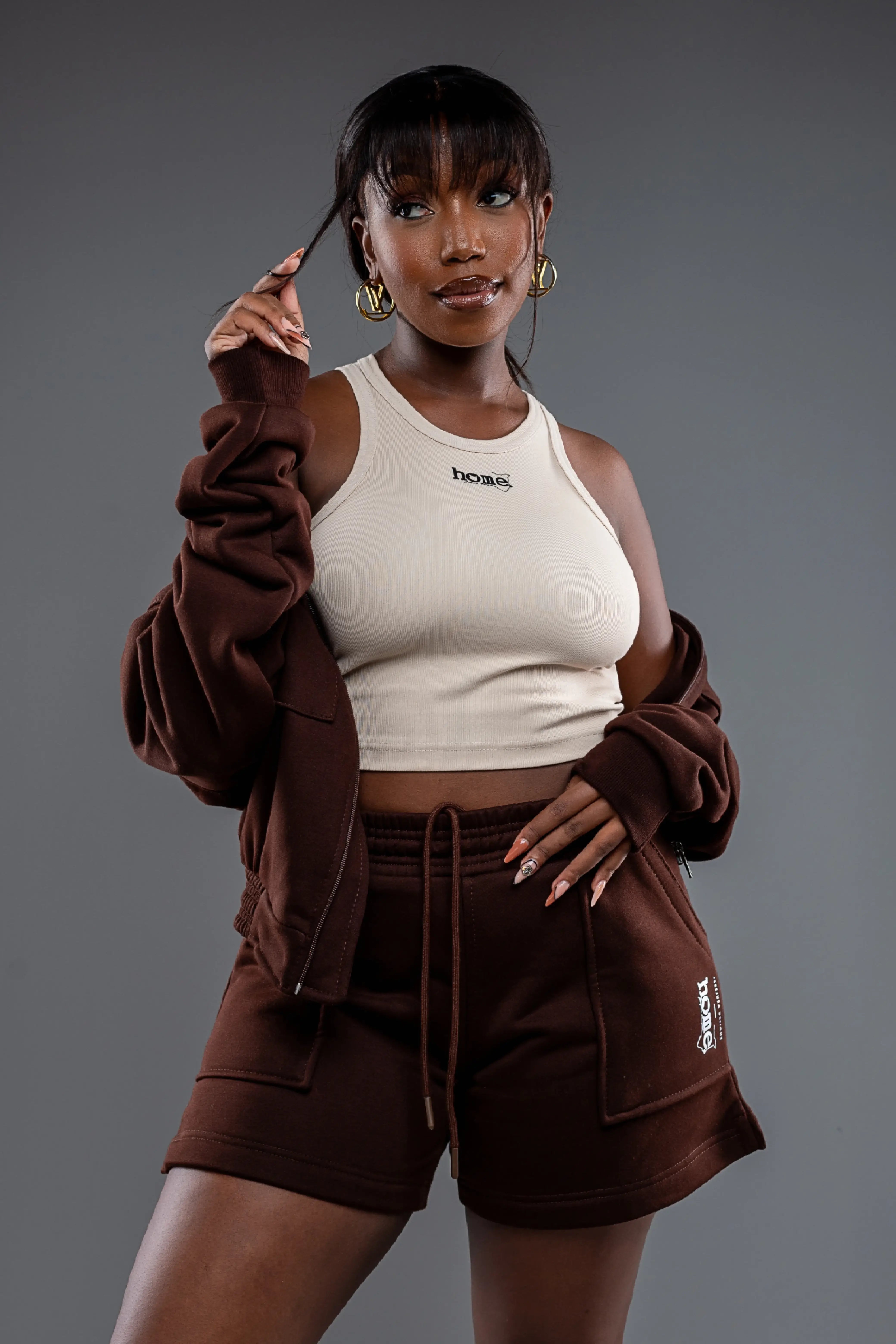 Hickory Brown Kami Jacket + Light Brown Mushie Vest Top + Hickory Brown Cora Shorts Set