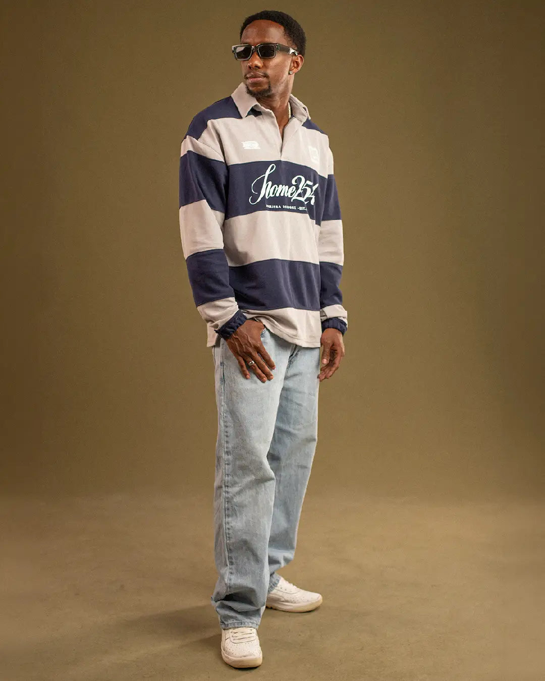 Homeground Striped Rugby Polo — Navy + Gravel