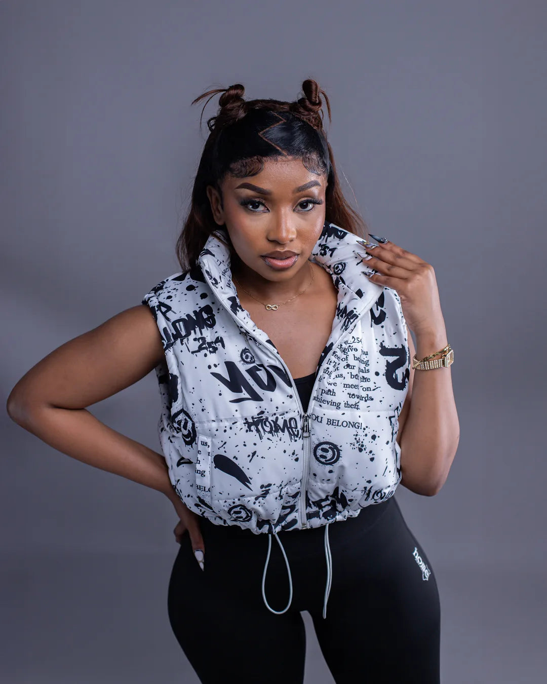 White Ink Riot Cropped Luna Jacket + Black Hi-Rise Leggings + Quarter Socks Set