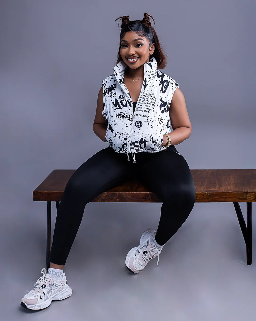 White Ink Riot Cropped Luna Jacket + Black Hi-rise Leggings