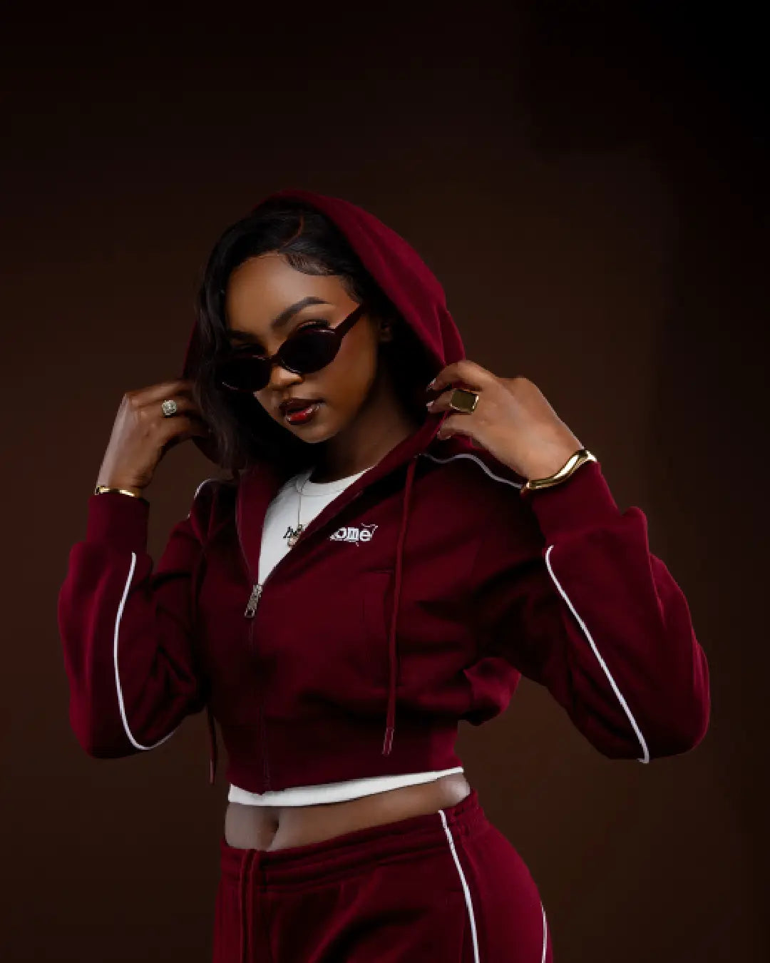 Cherie Crop Zipped Hoodie - Maroon (Velvet Fabric)