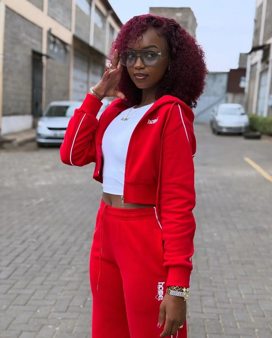 Cherie Cropped Zipped Hoodie + Cherie Pants Matching Set - Red (Heavy Velvet Fabric)
