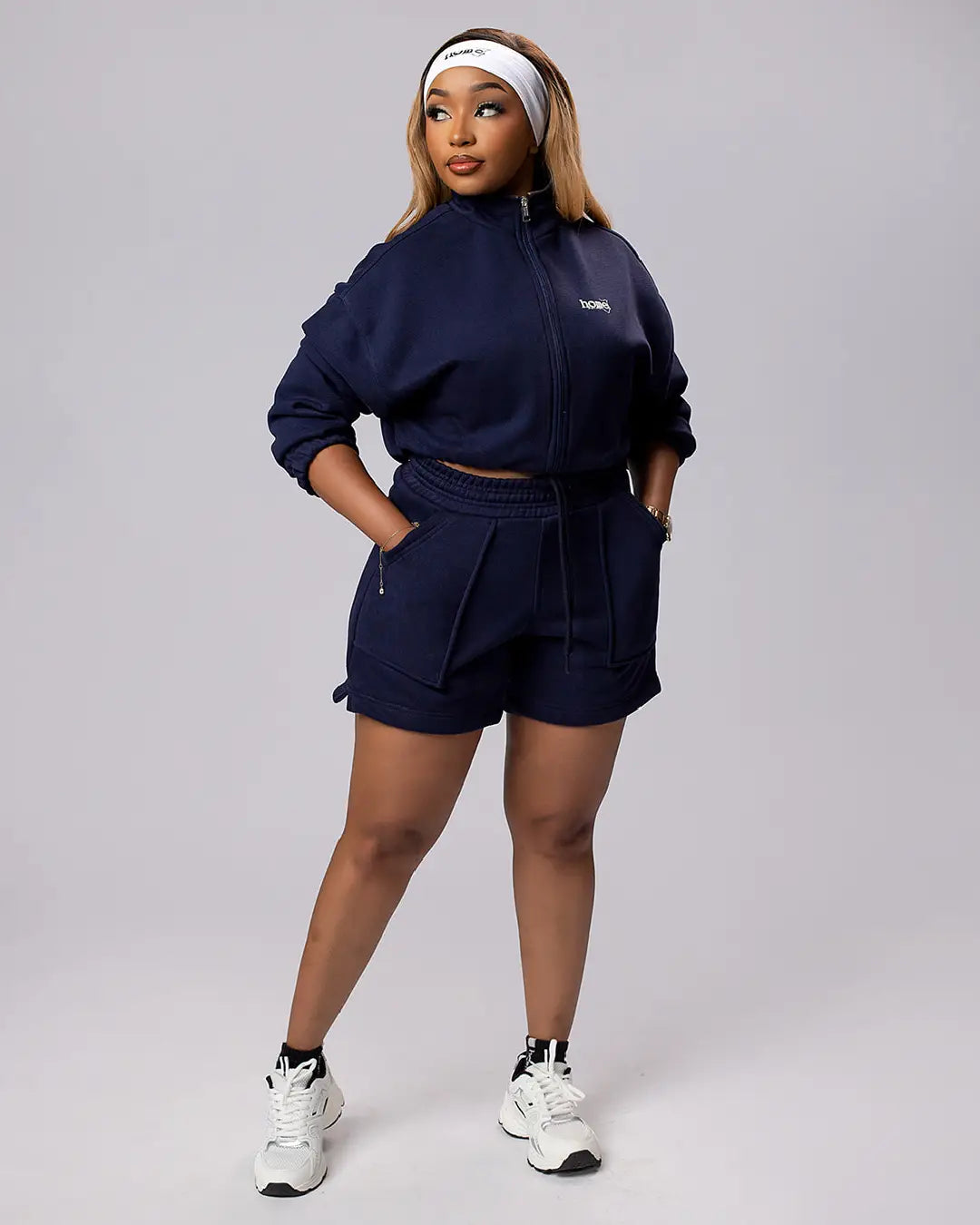 Moda Cora Set in Navy Blue – Cropped Moda Jacket + Cora Shorts