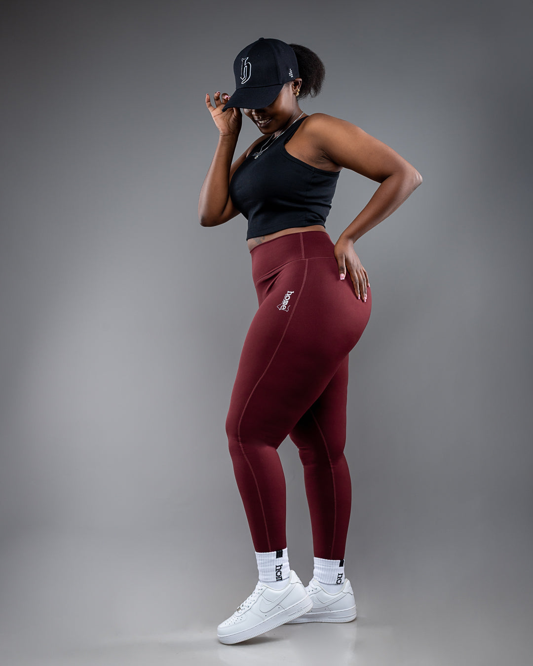 Black Classic Day Off Cap + Black Cheeky Racer Top + Maroon Hi-Rise Leggings + Crew Socks Set