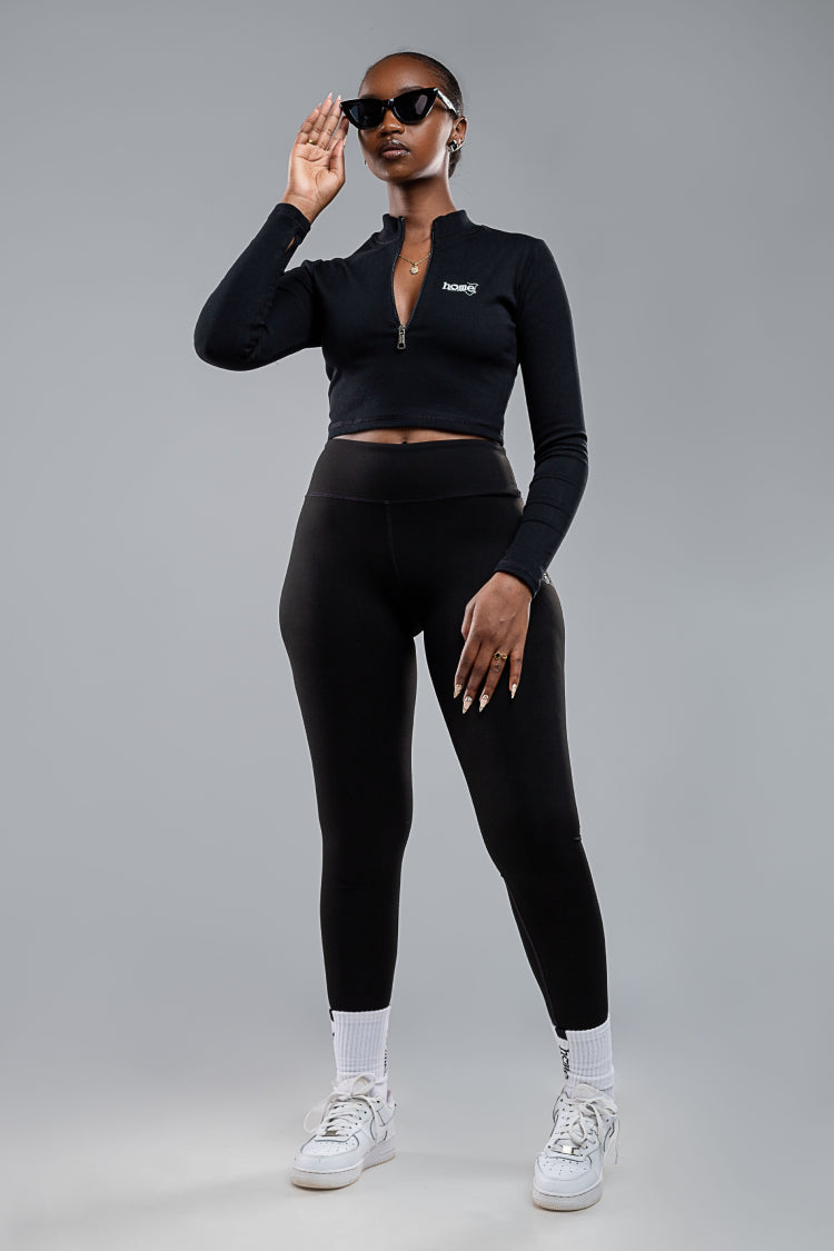 Aria Zip-Up Long Sleeved Top - Black