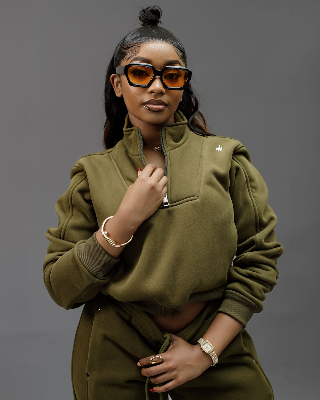 LÛME Quarter Zip Top (Cropped) – Olive Green