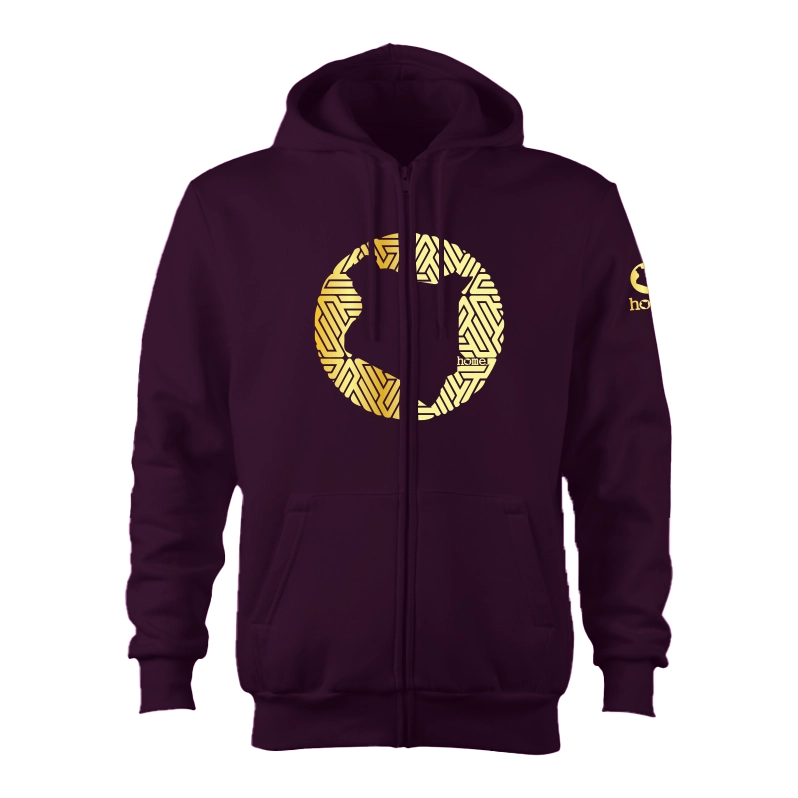 home_254 CLARET ZIP UP HOODIE (HEAVY FABRIC) WITH A GOLD MAP PRINT