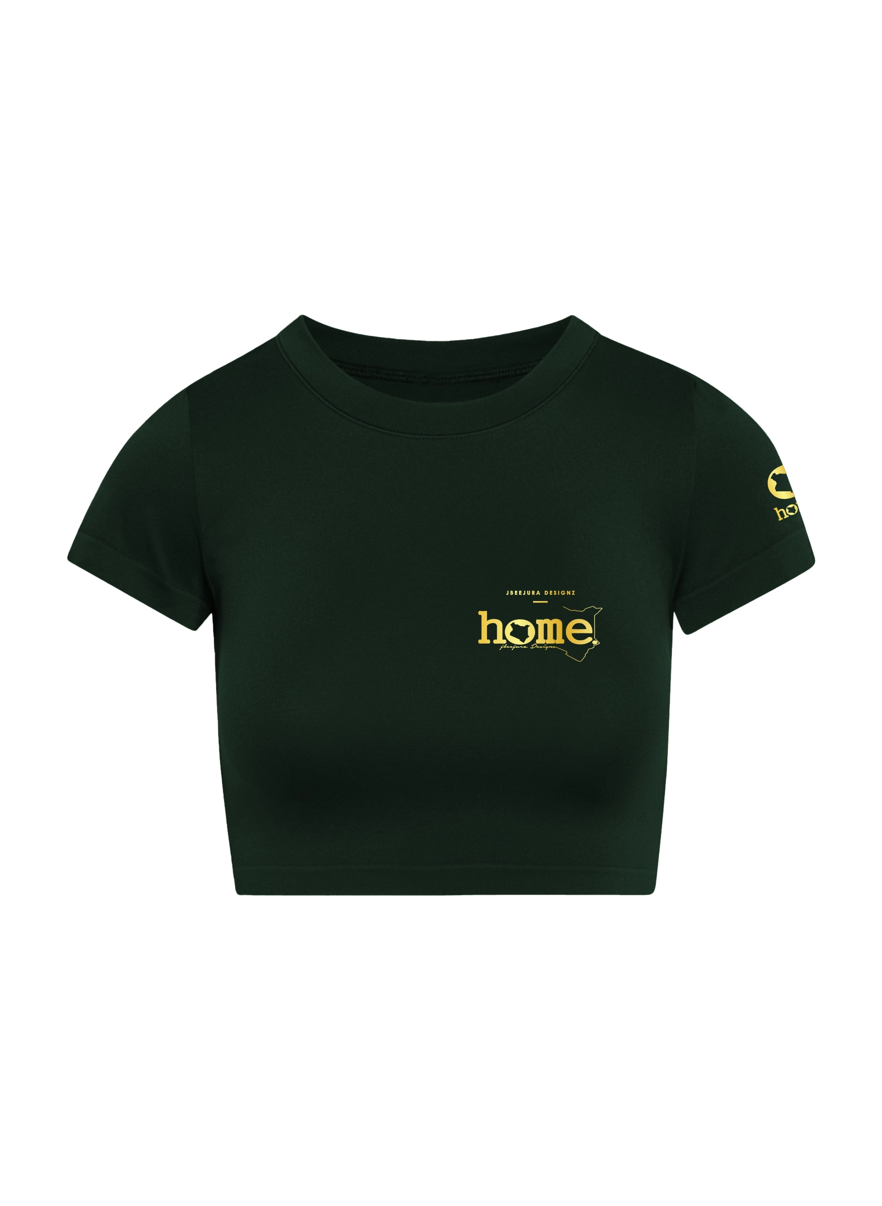 home_254 SHORT SLEEVED FOREST GREEN CROPPED ARIA TEE WITH A GOLD 3D WORDS PRINT
