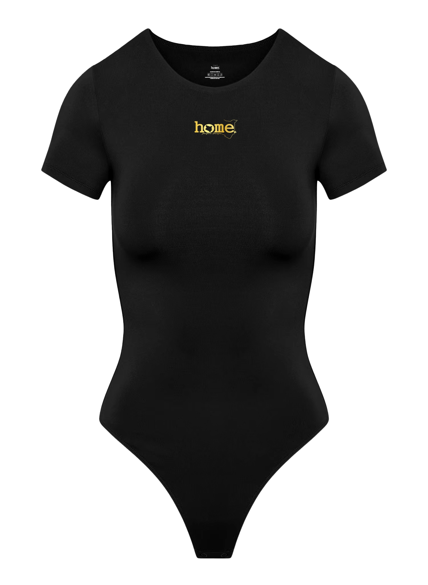 home_254 SCOOP NECK BLACK BODYSUIT (SHORT SLEEVED0 WITH A GOLD PRINT