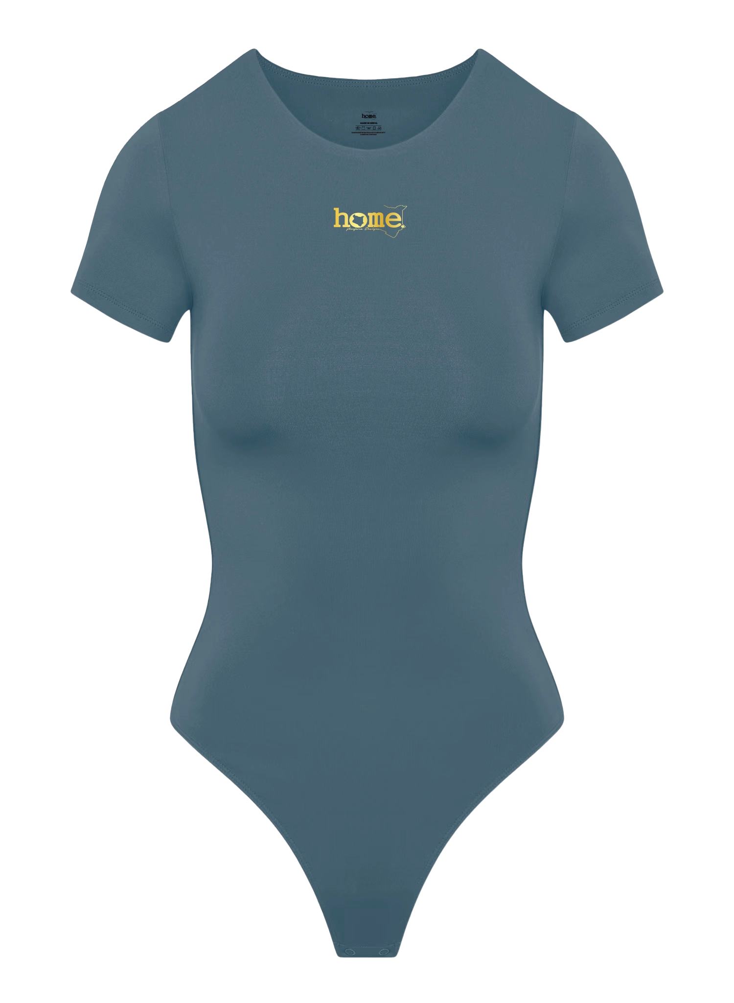 home_254 SCOOP NECK DARK TEAL BODYSUIT (SHORT SLEEVED) WITH A GOLD PRINT