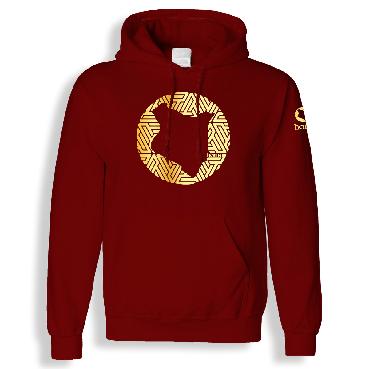 home_254 MAROON RED HOODIE (MID-HEAVY FABRIC) WITH A GOLD MAP PRINT
