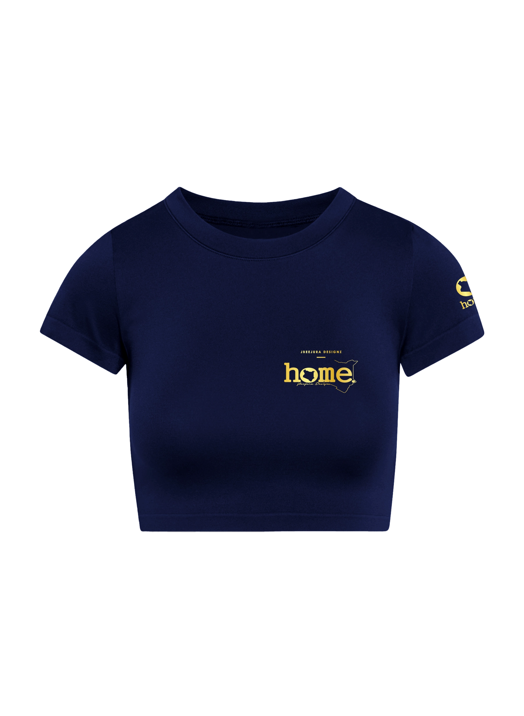 home_254 SHORT SLEEVED NAVY-BLUE CROPPED ARIA TEE WITH A GOLD 3D WORDS PRINT