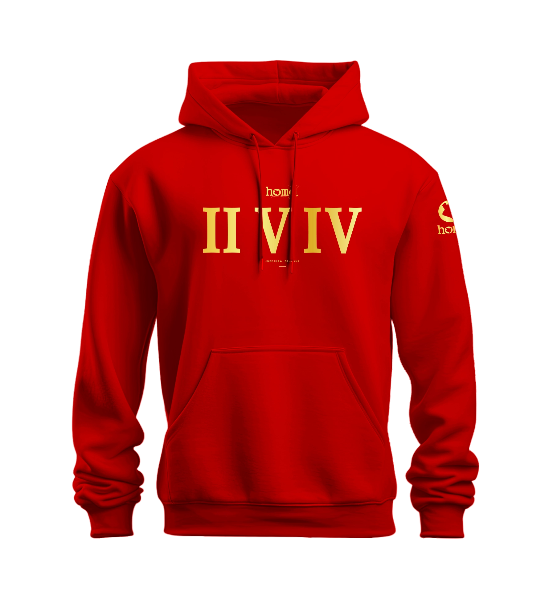 home_254 NUVETRA™ RED HOODIE WITH A GOLD ROMAN NUMERALS PRINT
