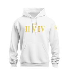 home_254 NUVETRA™ WHITE HOODIE WITH A GOLD ROMAN NUMERALS PRINT 