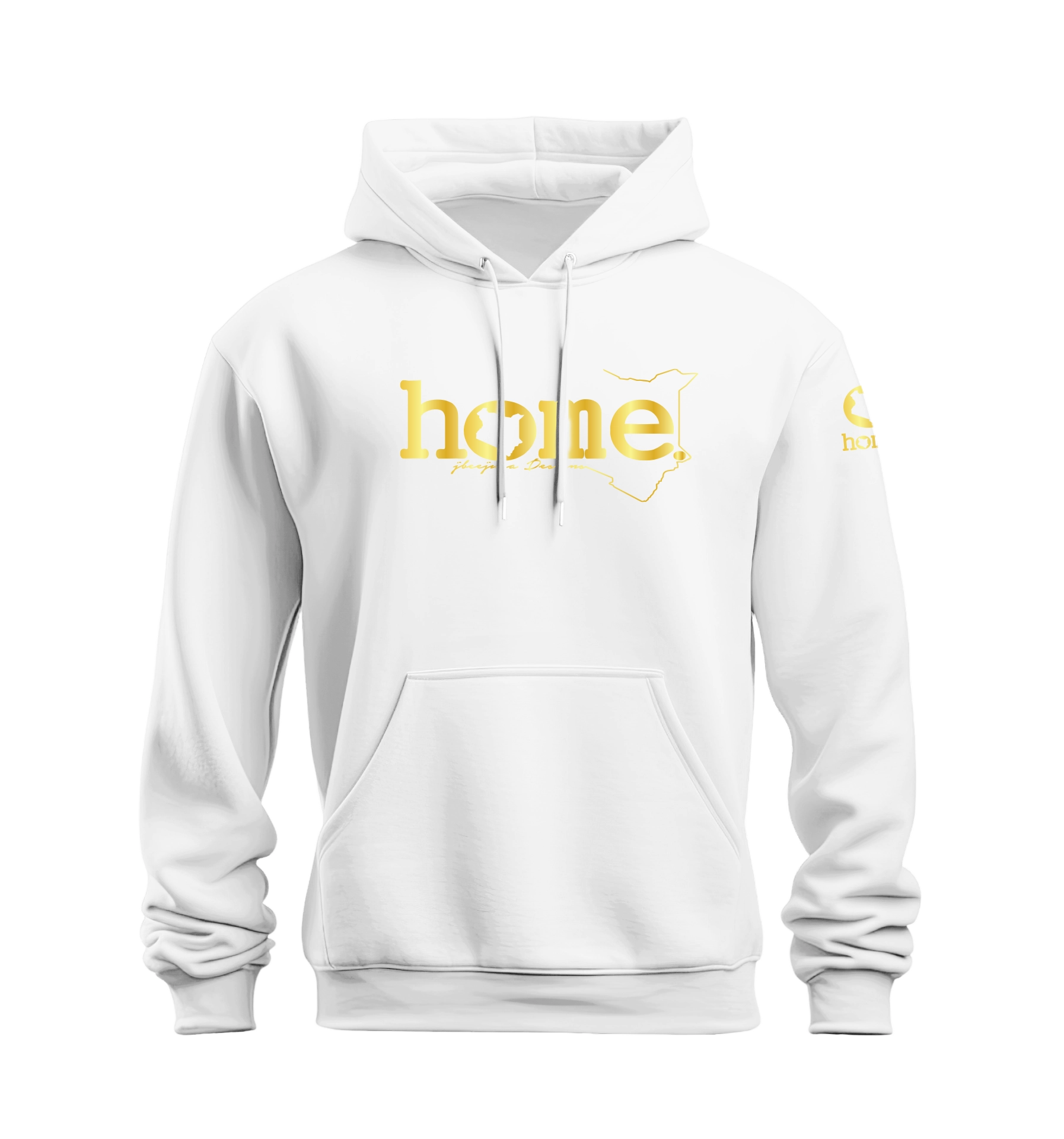 home_254 NUVETRA™ WHITE HOODIE WITH A GOLD CLASSIC WORDS PRINT 