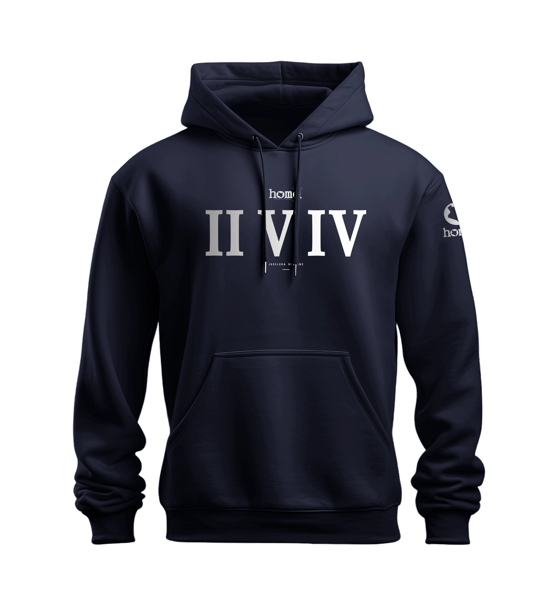 home_254 NUVETRA™ NAVY BLUE HOODIE WITH A SILVER ROMAN NUMERALS  PRINT 
