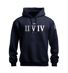 home_254 NUVETRA™ NAVY BLUE HOODIE WITH A SILVER ROMAN NUMERALS  PRINT 