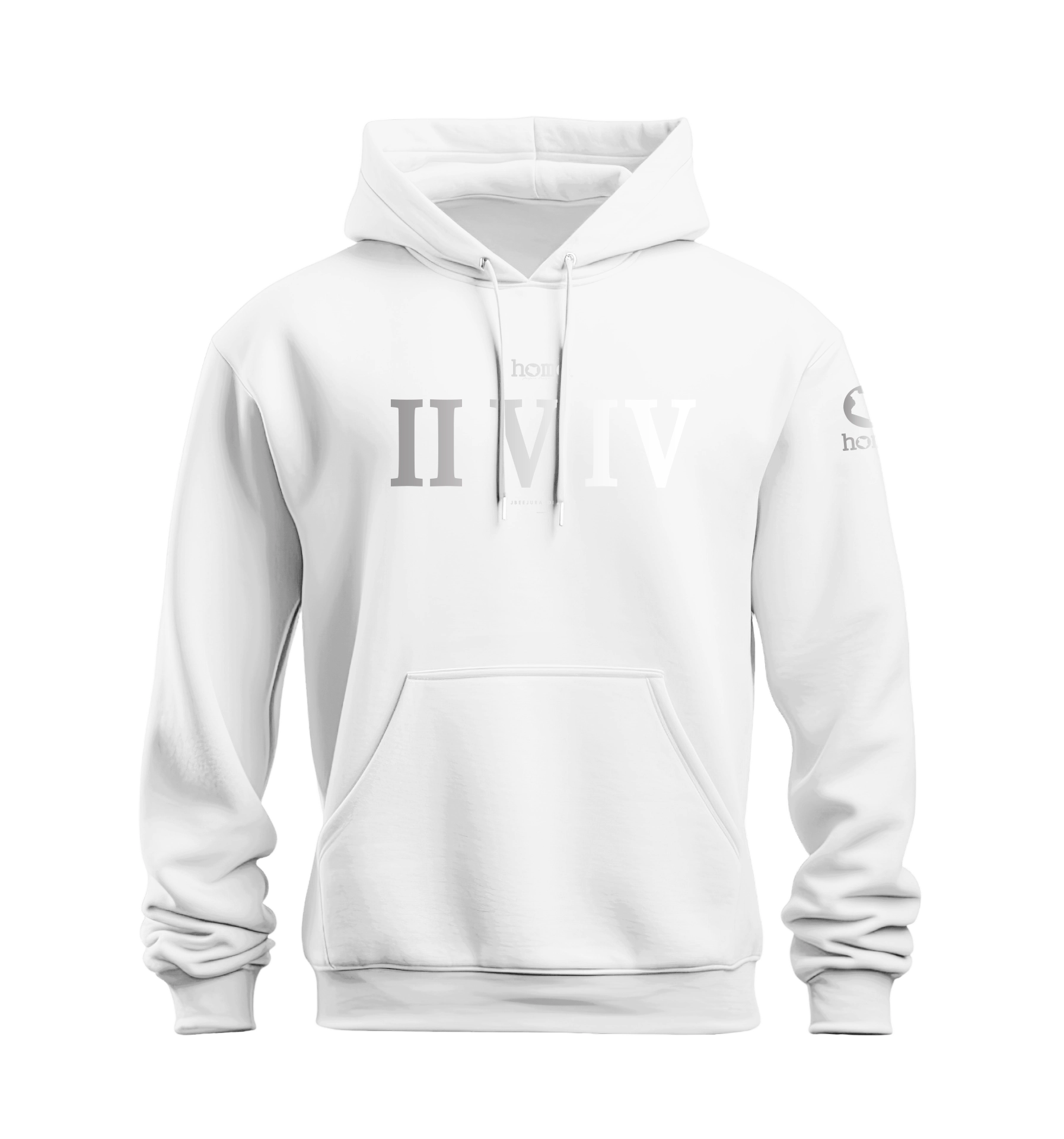 home_254 NUVETRA™ WHITE HOODIE WITH A SILVER ROMAN NUMERALS  PRINT 