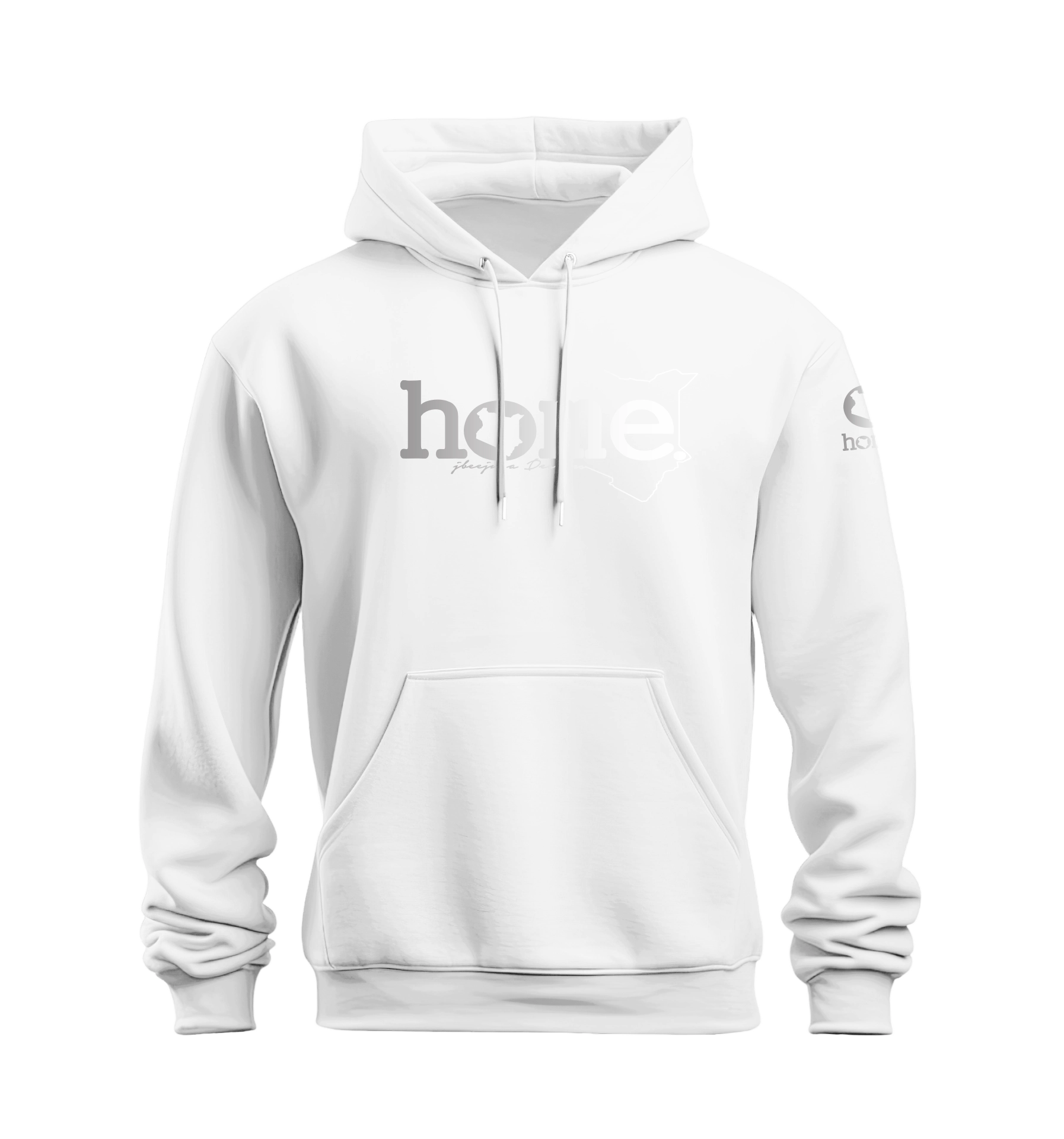 home_254 NUVETRA™ WHITE HOODIE WITH A SILVER CLASSIC WORDS  PRINT 