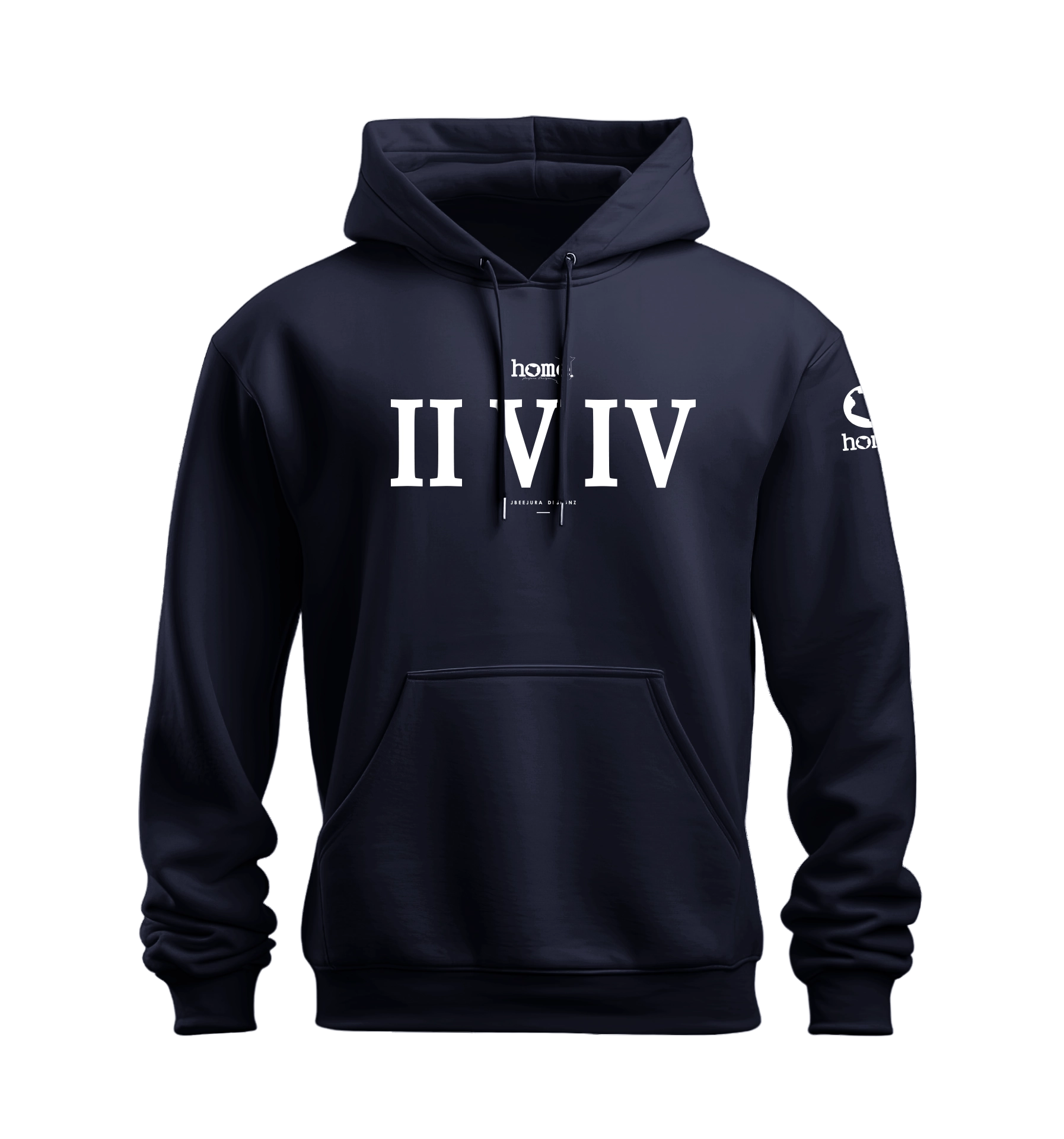 home_254 NUVETRA™ NAVY BLUE HOODIE WITH A WHITE ROMAN NUMERALS PRINT 