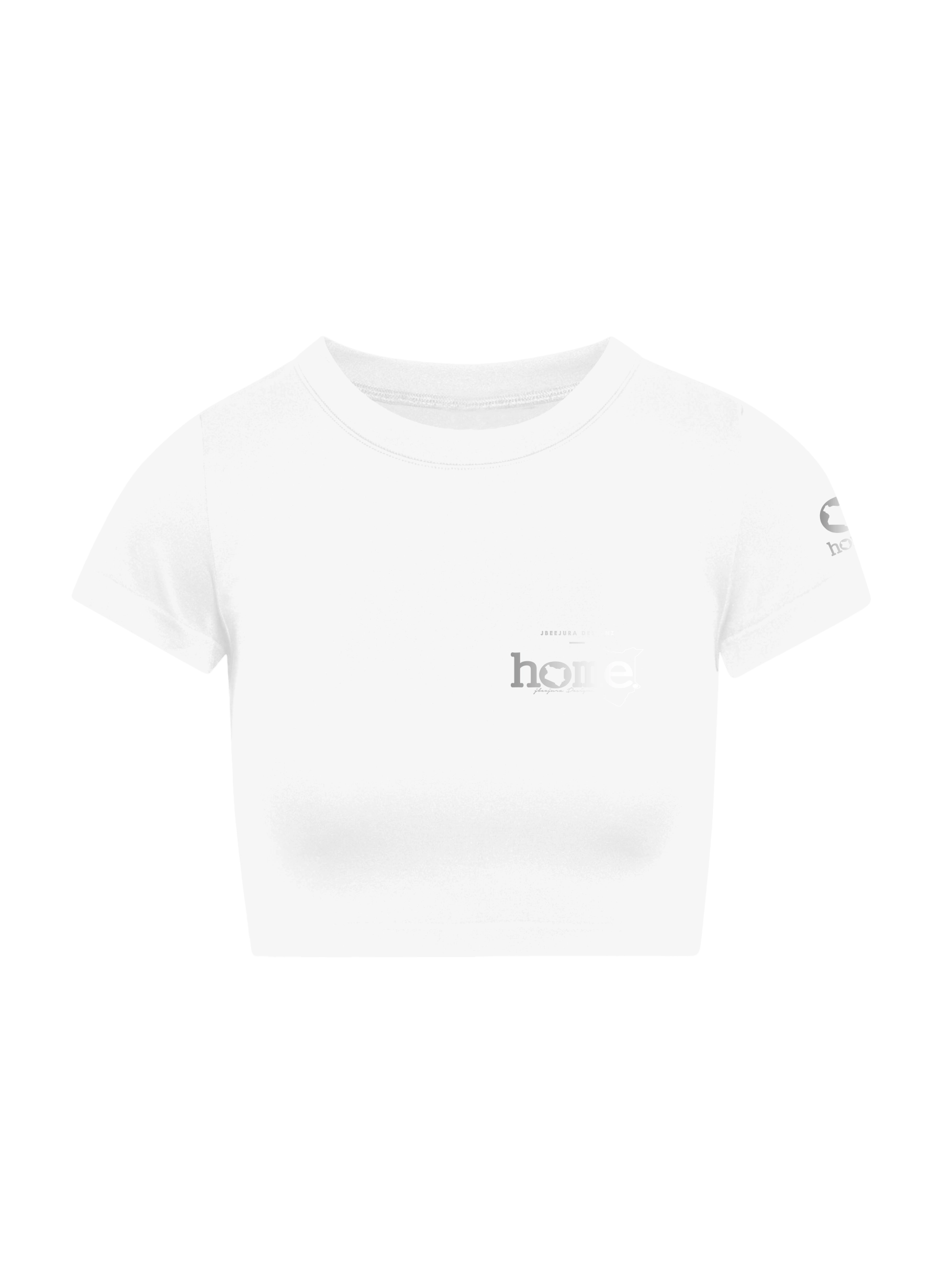 home_254 SHORT SLEEVED WHITE CROPPED ARIA TEE WITH A SILVER 3D WORDS PRINT
