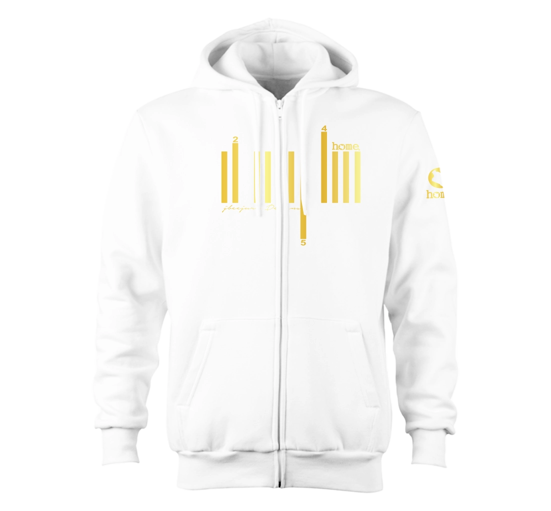 home_254 NUVETRA™ WHITE ZIP UP HOODIE WITH A GOLD BARS PRINT
