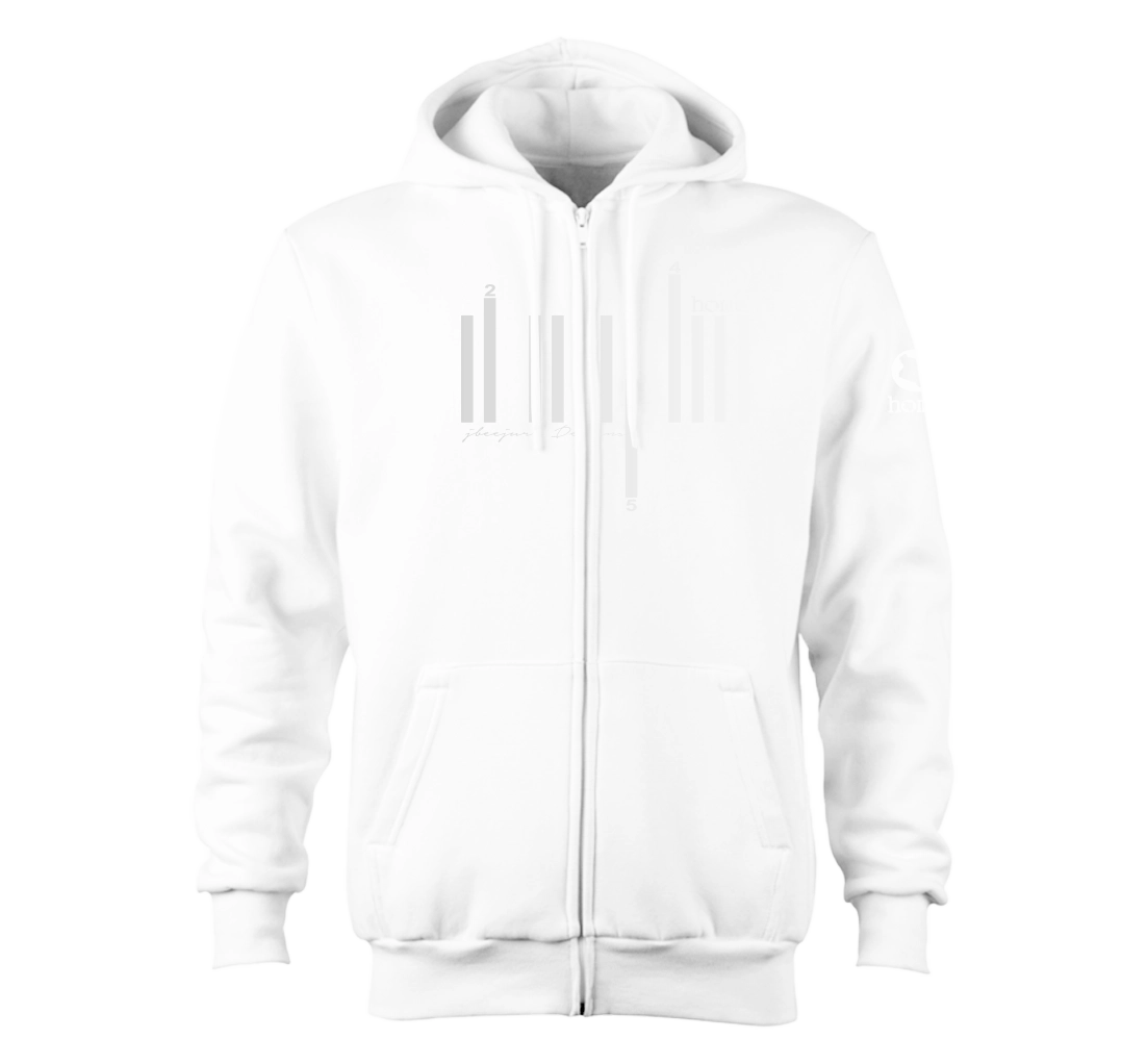home_254 NUVETRA™ WHITE ZIP UP HOODIE WITH A SILVER BARS PRINT