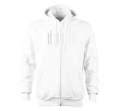 home_254 NUVETRA™ WHITE ZIP UP HOODIE WITH A SILVER BARS PRINT