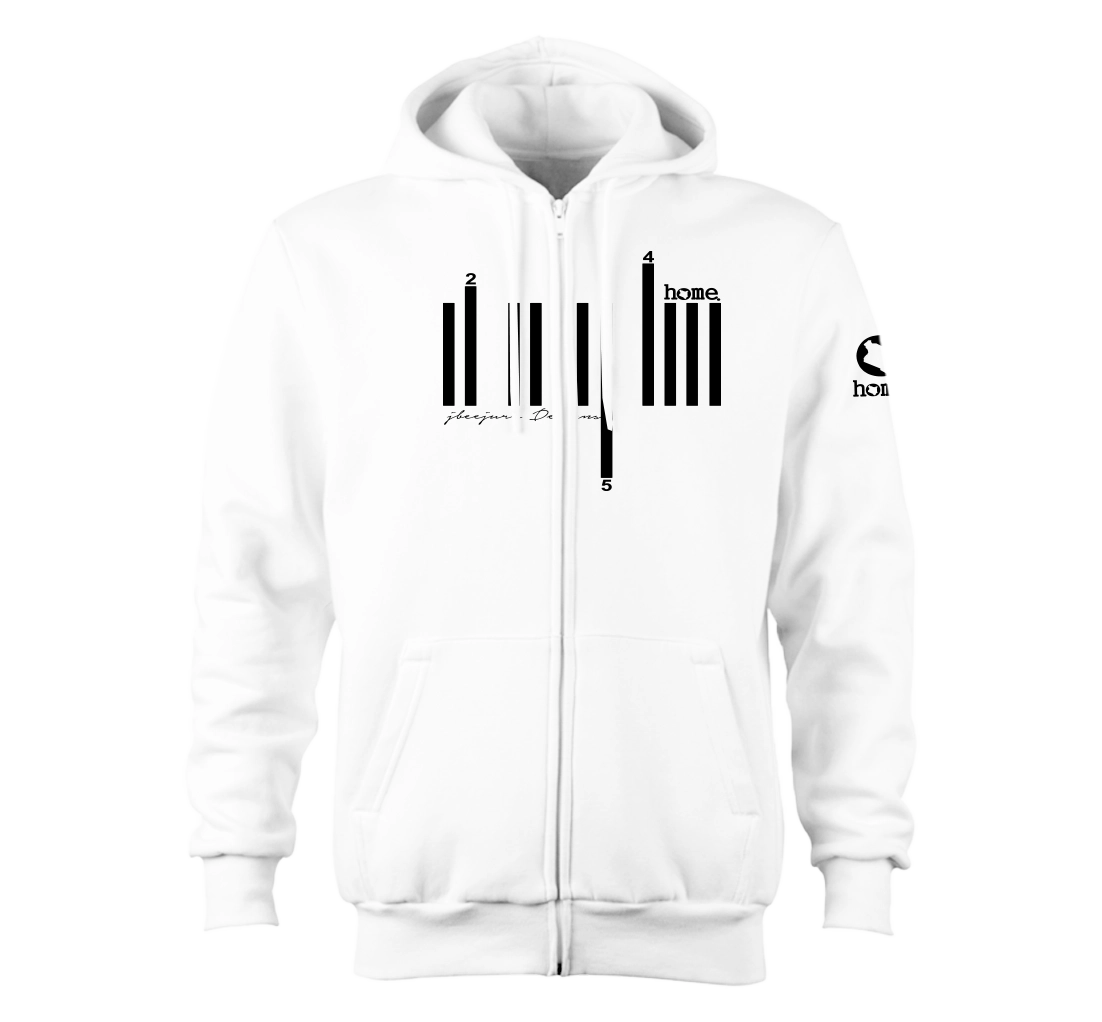 home_254 NUVETRA™ WHITE ZIP UP HOODIE WITH A BLACK BARS PRINT