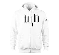 home_254 NUVETRA™ WHITE ZIP UP HOODIE WITH A BLACK BARS PRINT
