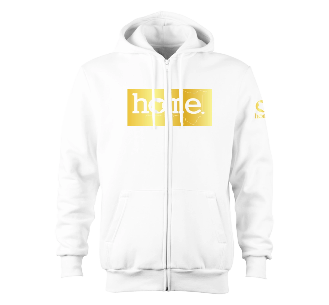 home_254 NUVETRA™ WHITE ZIP UP HOODIE WITH A GOLD CLASSIC PRINT