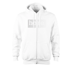 home_254 NUVETRA™ WHITE ZIP UP HOODIE WITH A SILVER CLASSIC PRINT