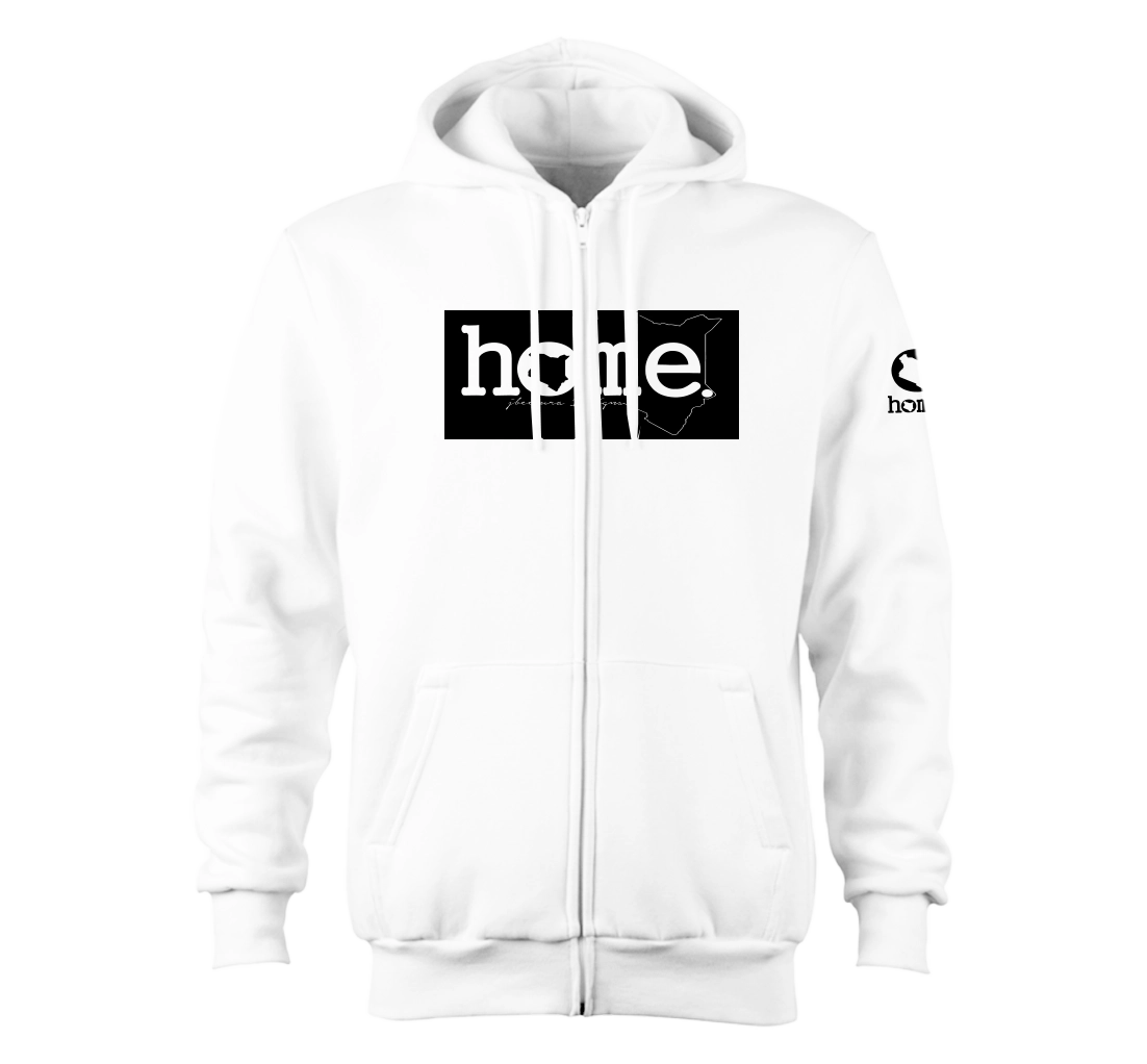 home_254 NUVETRA™ WHITE ZIP UP HOODIE WITH A BLACK CLASSIC PRINT
