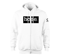 home_254 NUVETRA™ WHITE ZIP UP HOODIE WITH A BLACK CLASSIC PRINT