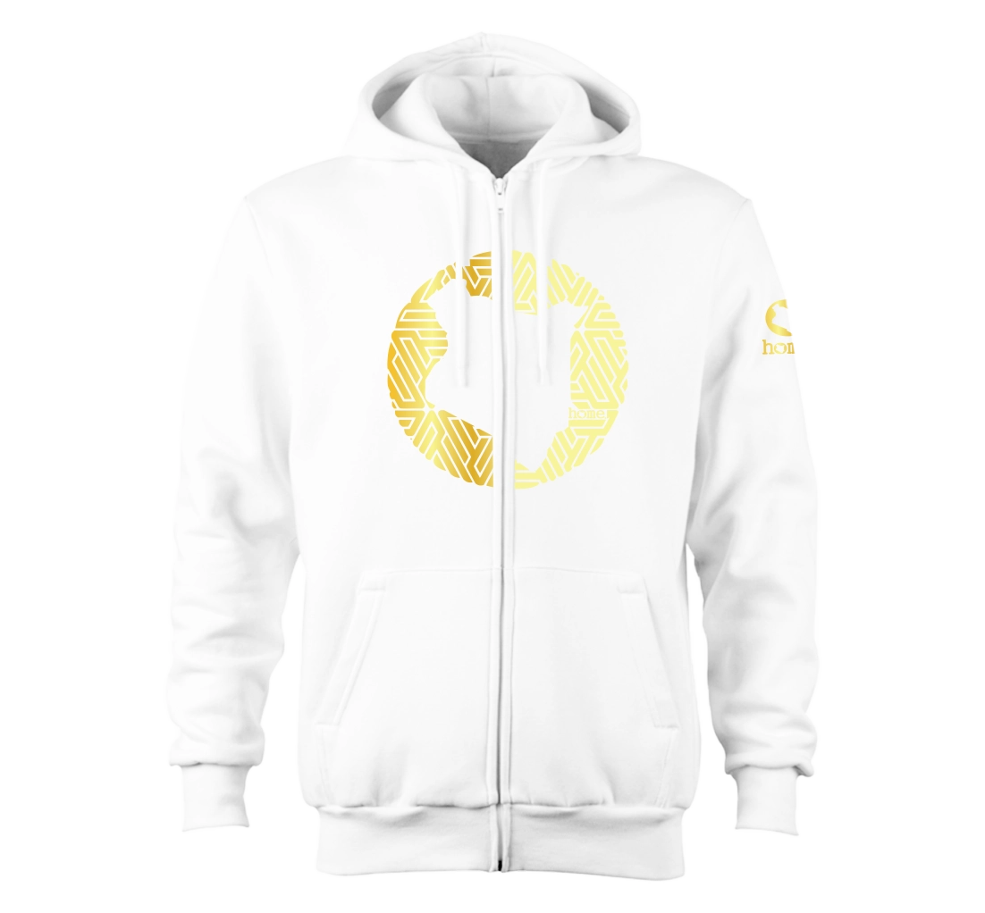 home_254 NUVETRA™ WHITE ZIP UP HOODIE WITH A GOLD MAP PRINT