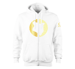 home_254 NUVETRA™ WHITE ZIP UP HOODIE WITH A GOLD MAP PRINT