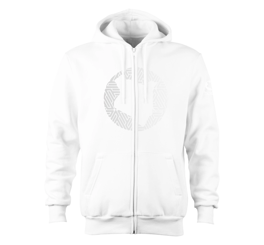 home_254 NUVETRA™ WHITE ZIP UP HOODIE WITH A SILVER MAP PRINT