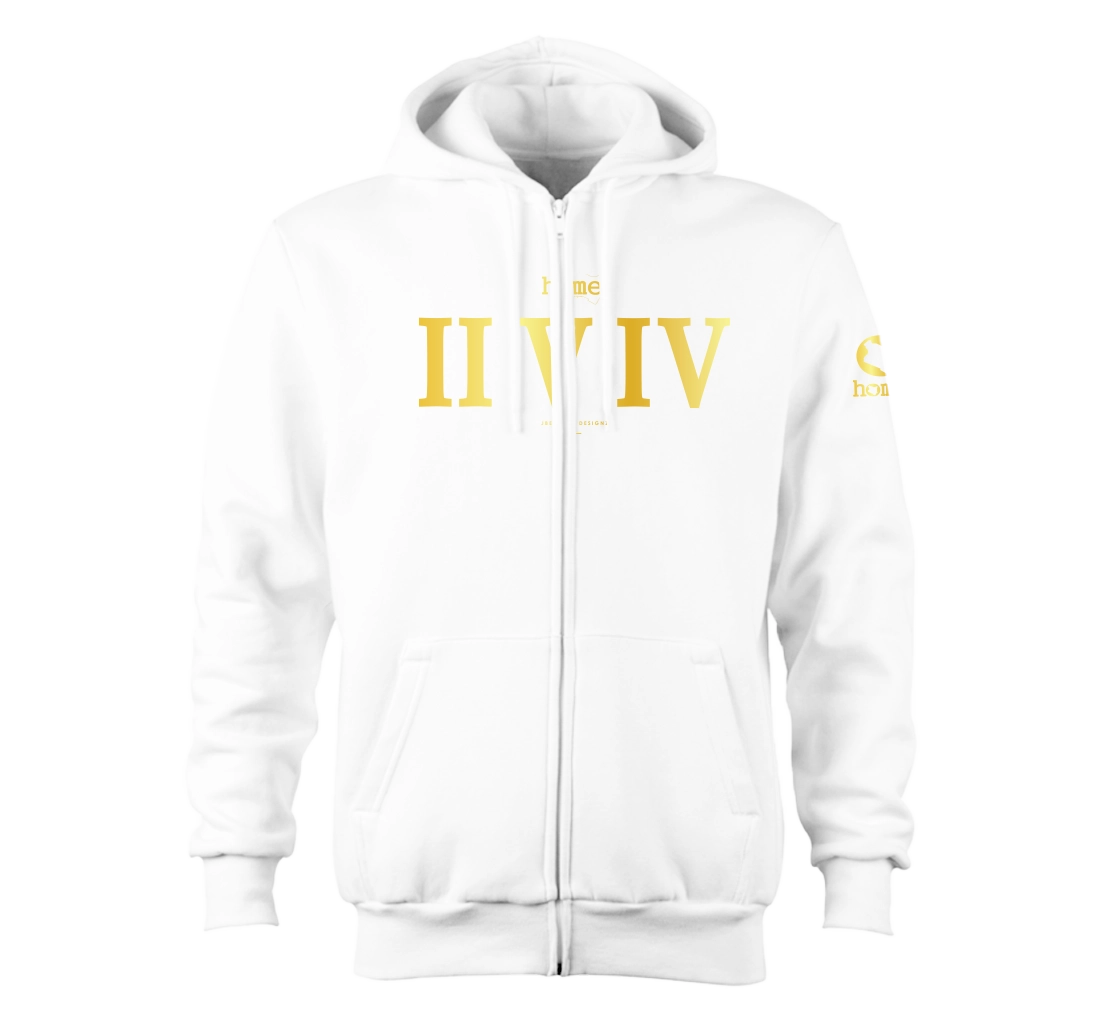 home_254 NUVETRA™ WHITE ZIP UP HOODIE WITH A GOLD ROMAN NUMERALS PRINT