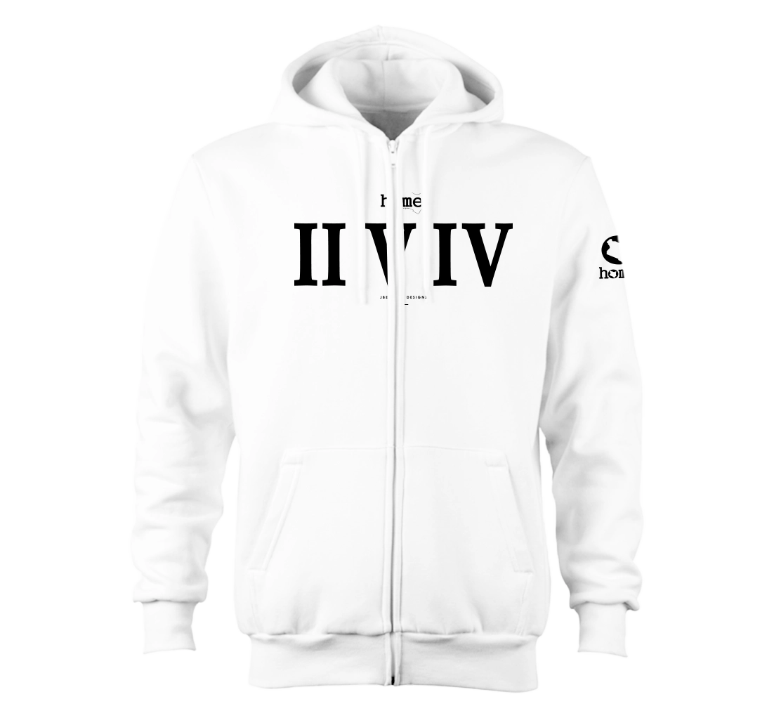 home_254 NUVETRA™ WHITE ZIP UP HOODIE WITH A BLACK ROMAN NUMERALS PRINT