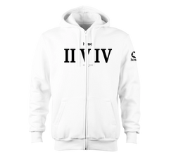 home_254 NUVETRA™ WHITE ZIP UP HOODIE WITH A BLACK ROMAN NUMERALS PRINT