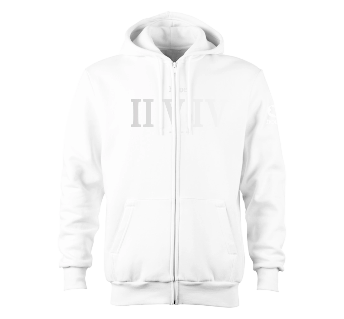 home_254 NUVETRA™ WHITE ZIP UP HOODIE WITH A SILVER ROMAN NUMERALS PRINT