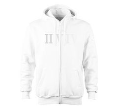 home_254 NUVETRA™ WHITE ZIP UP HOODIE WITH A SILVER ROMAN NUMERALS PRINT