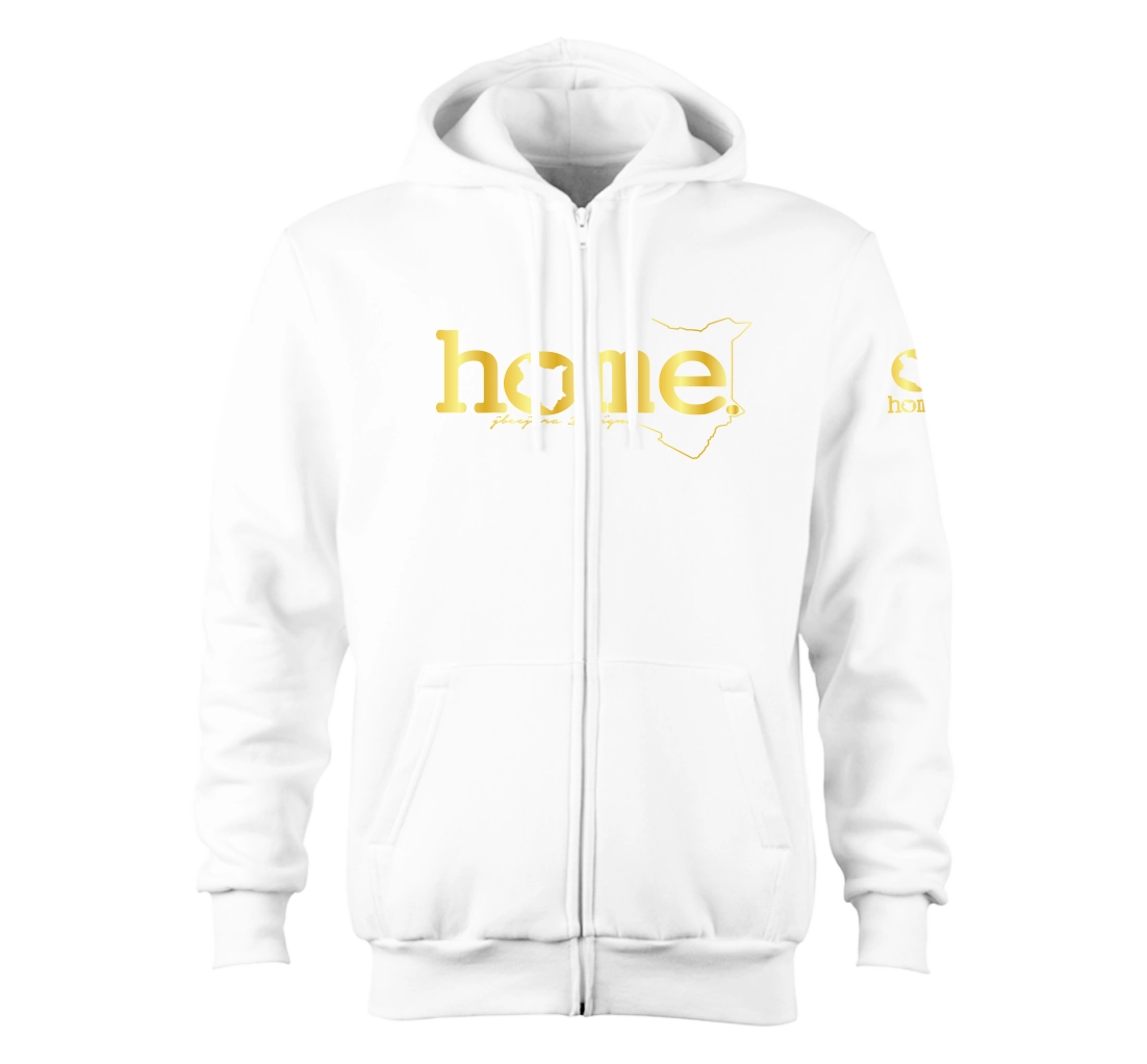 home_254 NUVETRA™ WHITE ZIP UP HOODIE WITH A GOLD CLASSIC WORDS PRINT