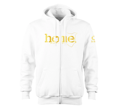 home_254 NUVETRA™ WHITE ZIP UP HOODIE WITH A GOLD CLASSIC WORDS PRINT