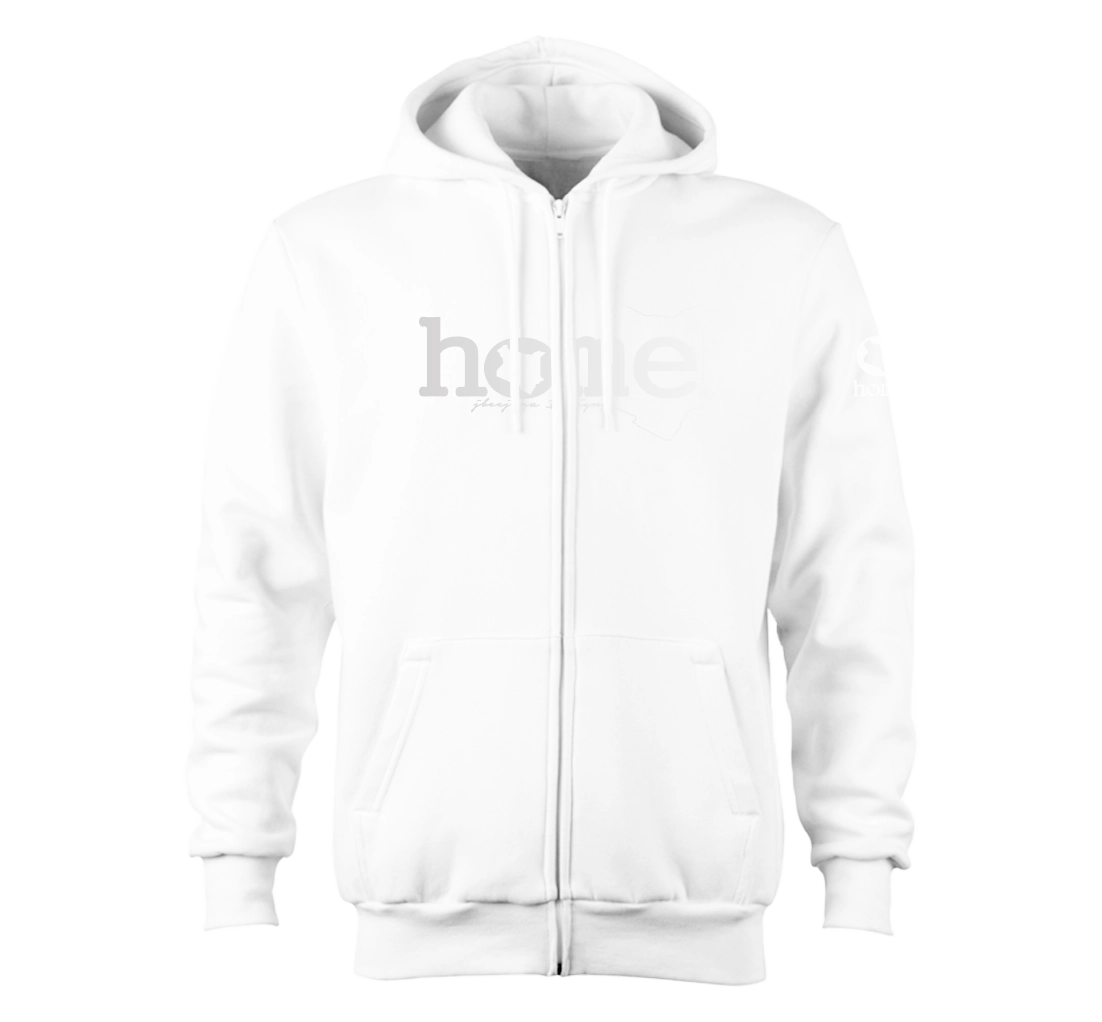 home_254 NUVETRA™ WHITE ZIP UP HOODIE WITH A SILVER CLASSIC WORDS PRINT