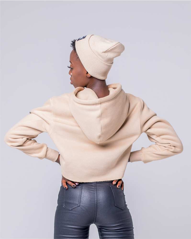 Rue baby in JBEEJURA DESINGZ | home_254 light brown Cropped Hoodie with black bars logo- back